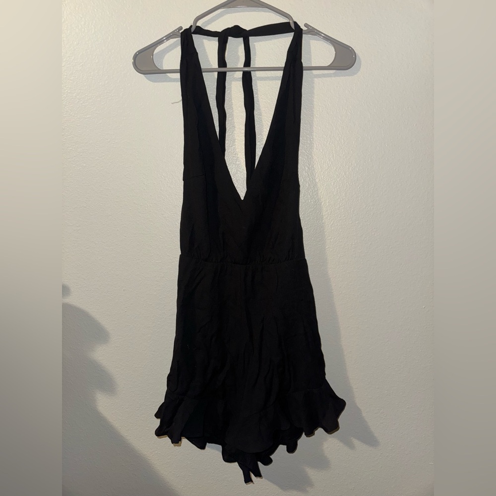 Francesca's Black Halter Ruffle Romper